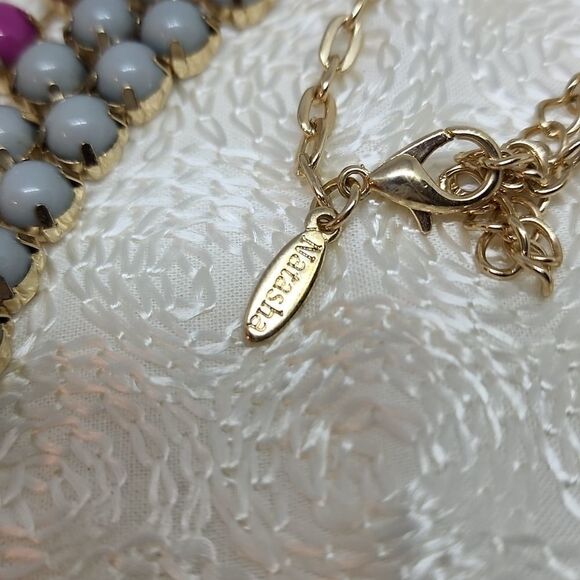 Natasha Bib Necklace Three Row Grey Pink Round Beads Gold Tone - Picture 9 of 9